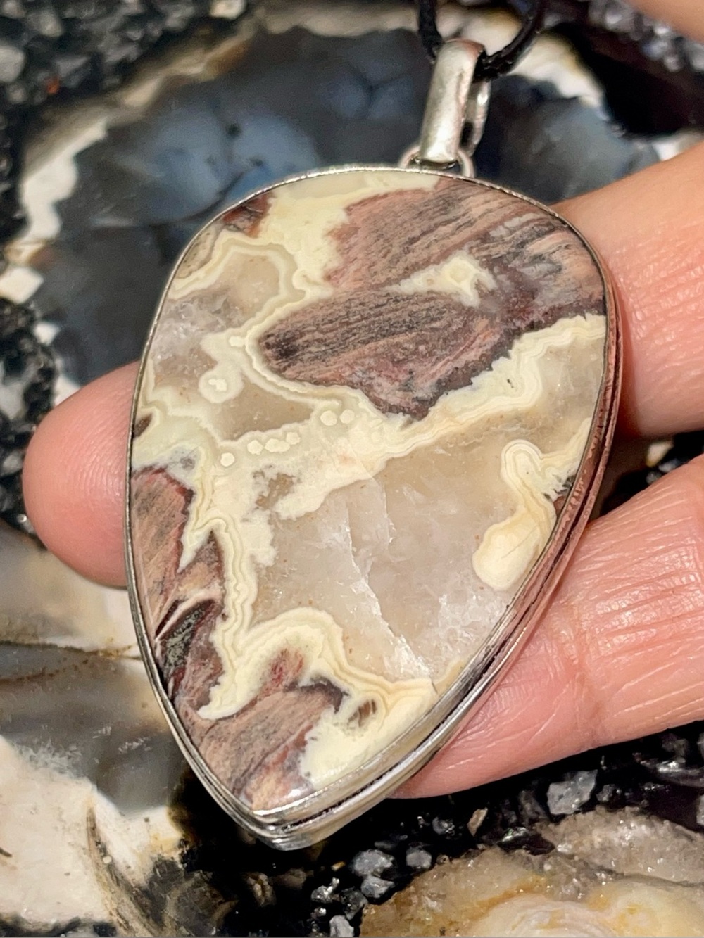 Cream Red-Brown Crazy Lace Agate Pendant 2 1/2”